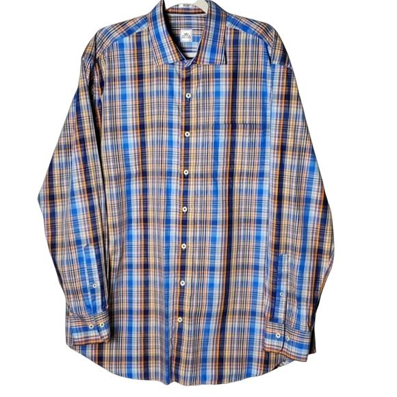 Peter Millar SZ XL 100% Cotton Blue Plaid Button Up Shirt - Picture 2 of 8